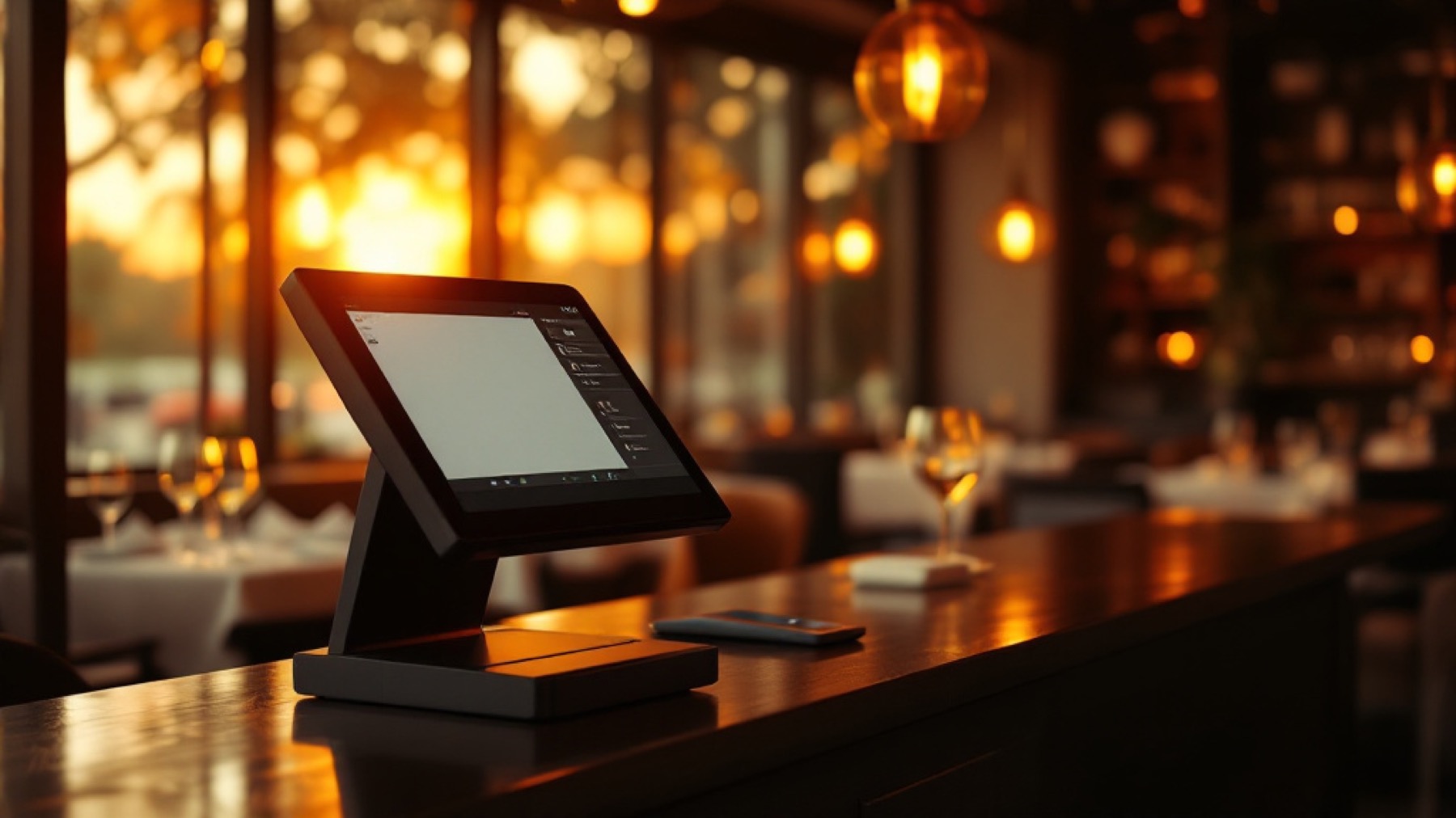 Full-service restaurant counter with a countertop POS ready for checkout